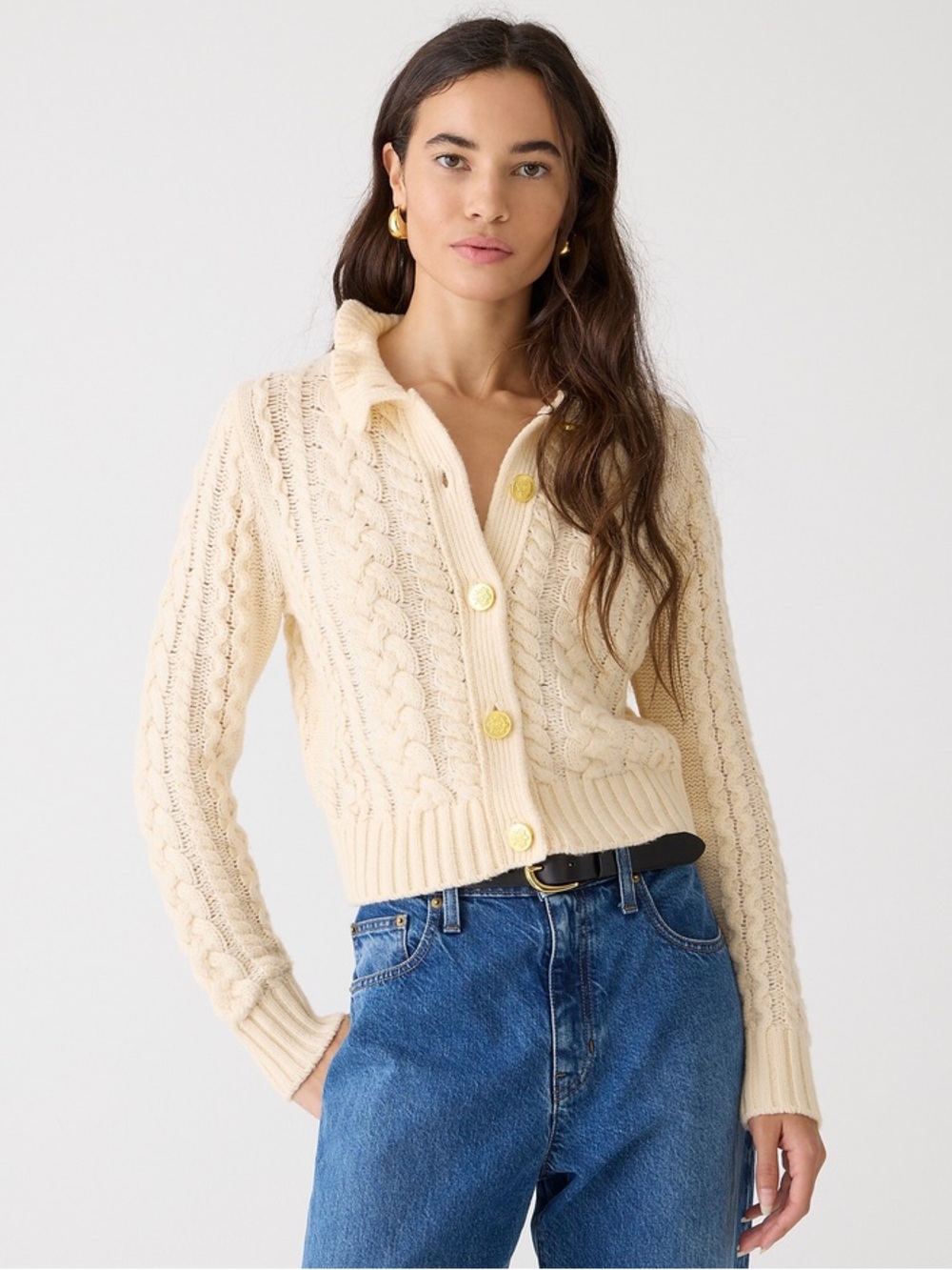 J. Crew Cream Cable Knit Lambs Wool Cropped Cardigan Sweater with Gold Buttons